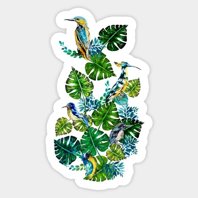 Birds on monstera plant leaves Sticker by IngaDesign